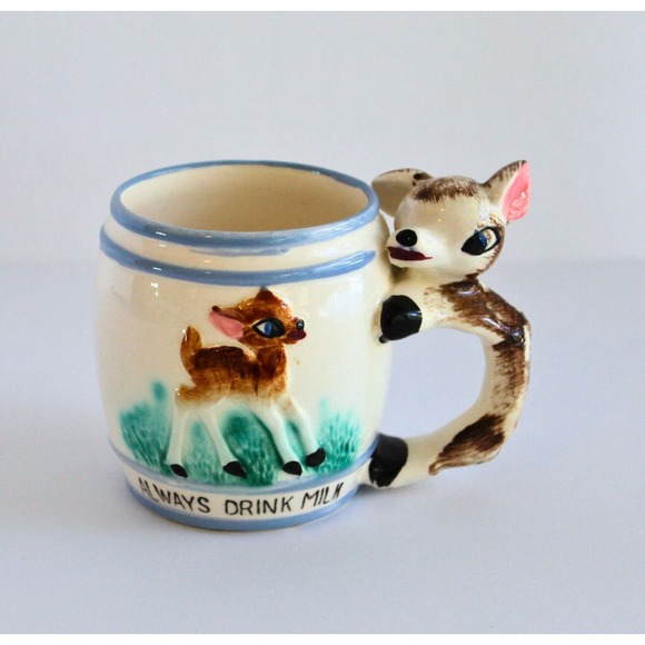 C Other - Vintage ‘Always Drink Milk’ Mug Cup Japan Hand Painted Bambi Retro Deer Fawn